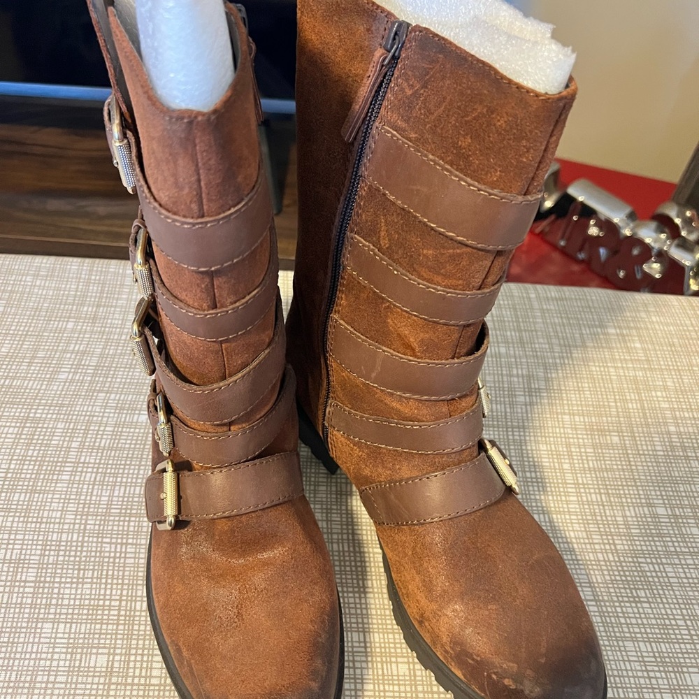 Brown distressed moto boots